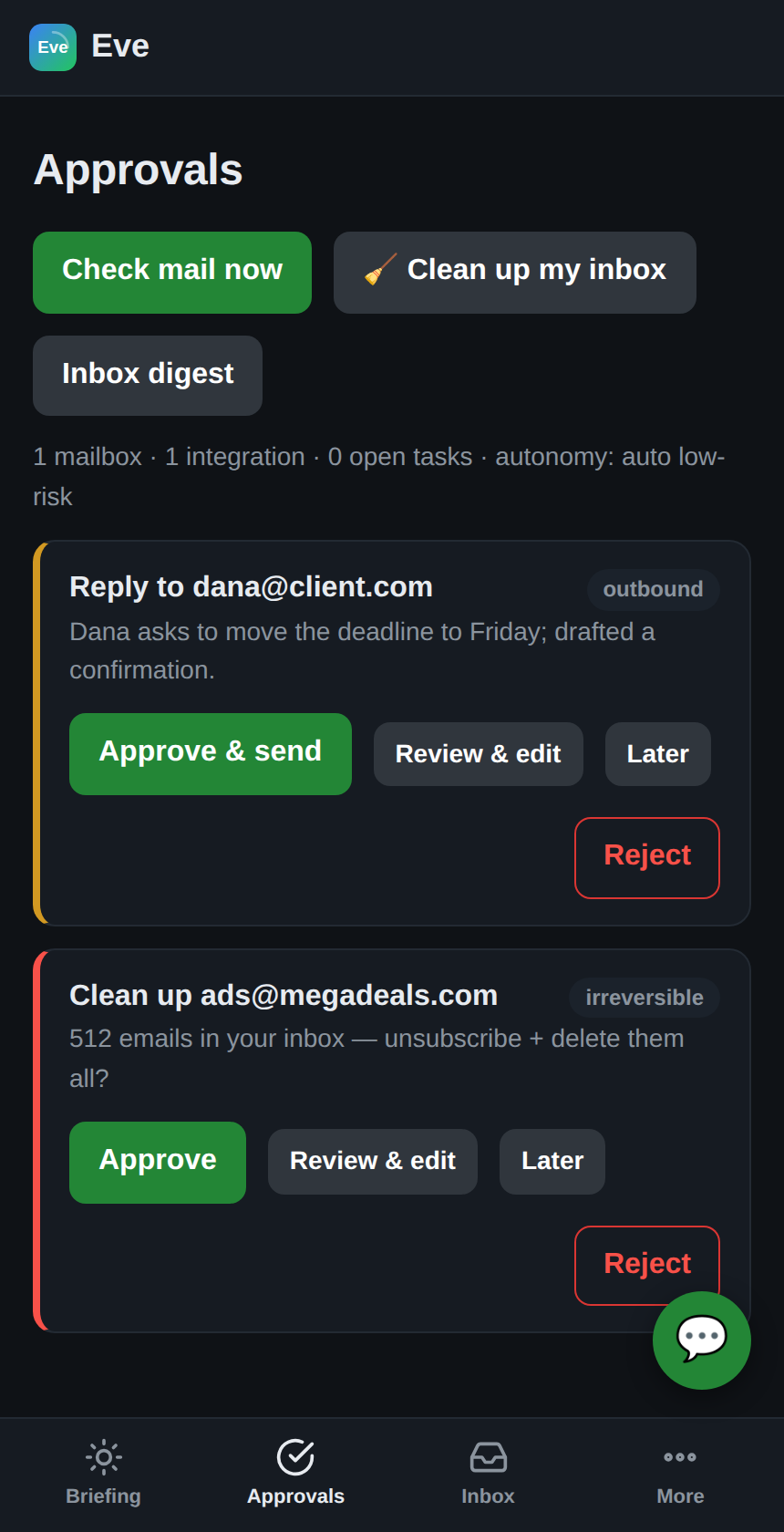 Eve's approvals screen: a drafted reply and an inbox cleanup, each one tap from done